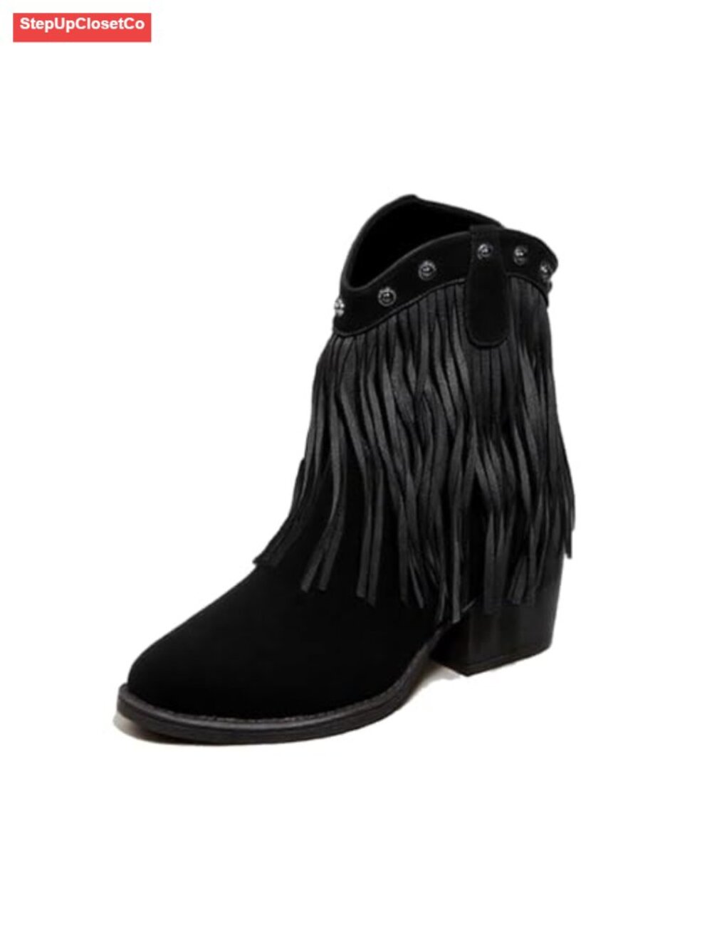 Suede Fringe Western Ankle Boots Women Studded Pointed Toe Chunky Heel Cowboy